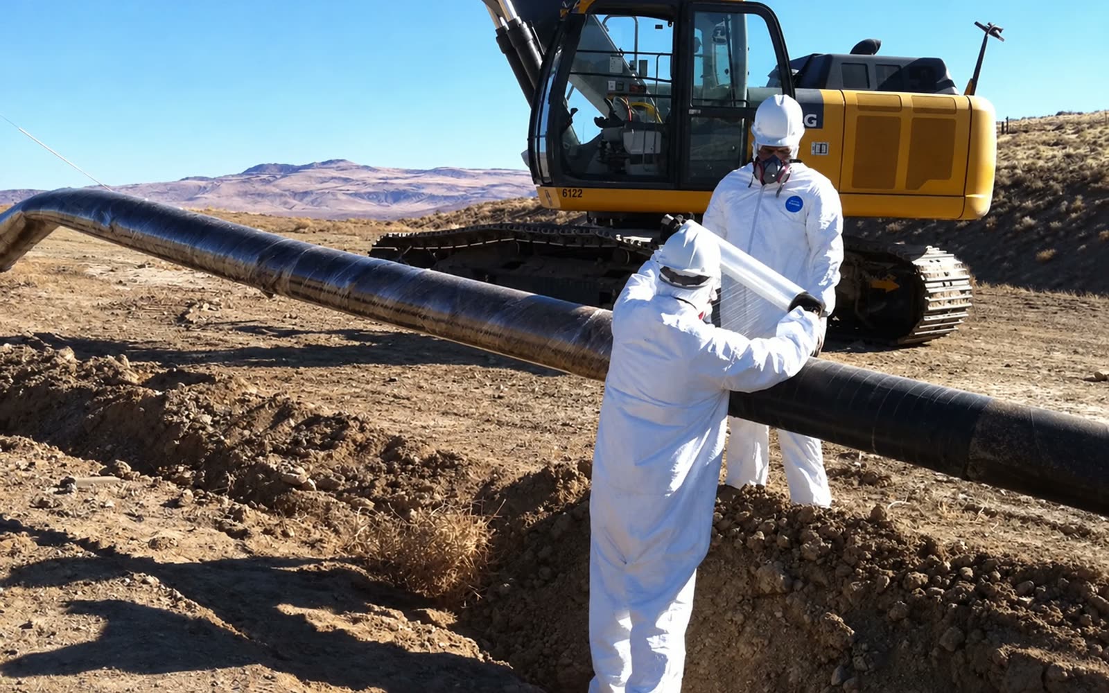 Crew in protective equipment guiding recovered pipe clear of the ditch
