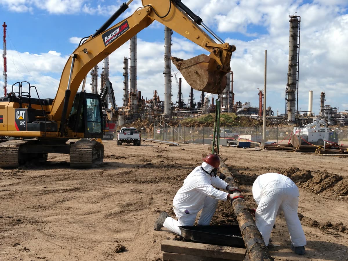 Crew removing coating from pipe at a refinery site