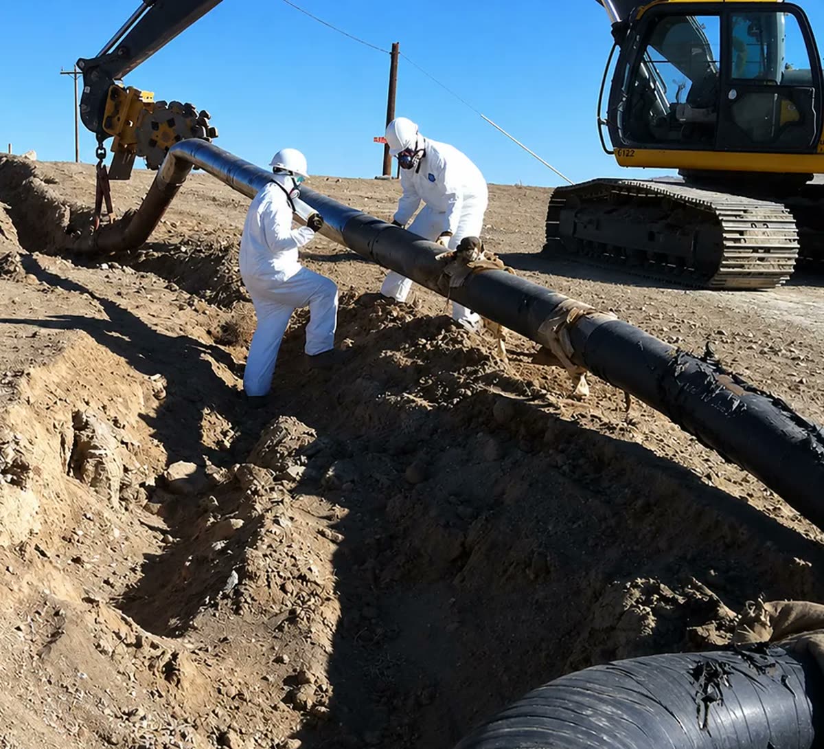 Crew in protective suits and respirators lifting coated pipe clear of the trench