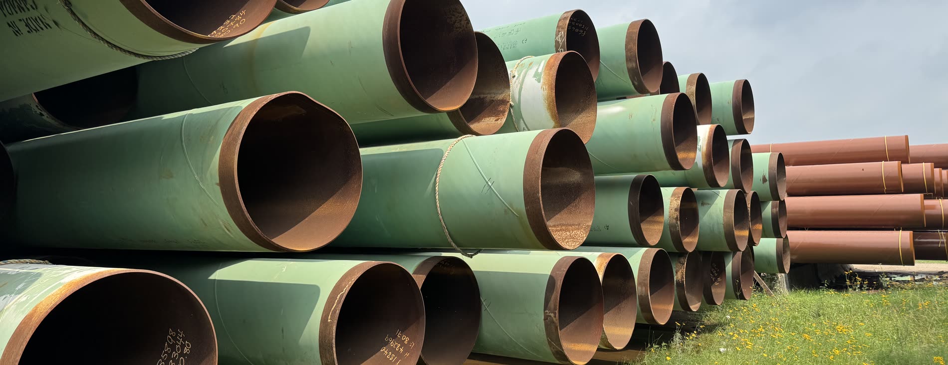 Stacked large-diameter coated line pipe in the yard