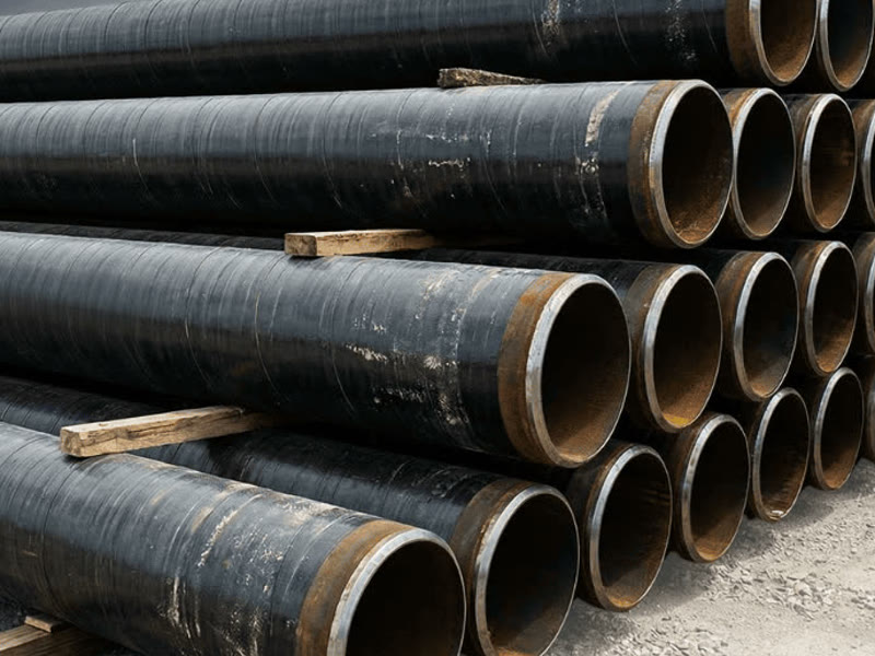 Stacks of coated steel line pipe laid on timber dunnage in the yard